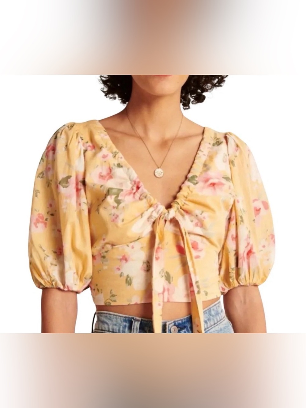 Abercrombie & Fitch Floral Crop Top Size M Yellow Puff Sleeve Tie Front